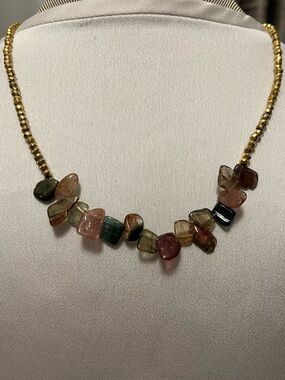 Natural Raw Multicolor Tourmaline Chip Bar Gold Faceted Beaded Boho Necklace
